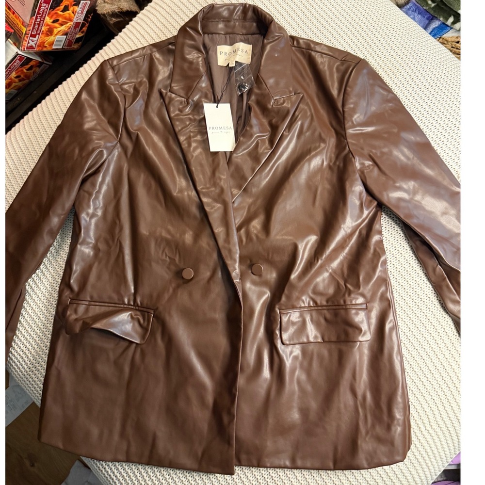 Promesa Womens Brown Faux Leather Blazer Jacket Size Large New With Tags